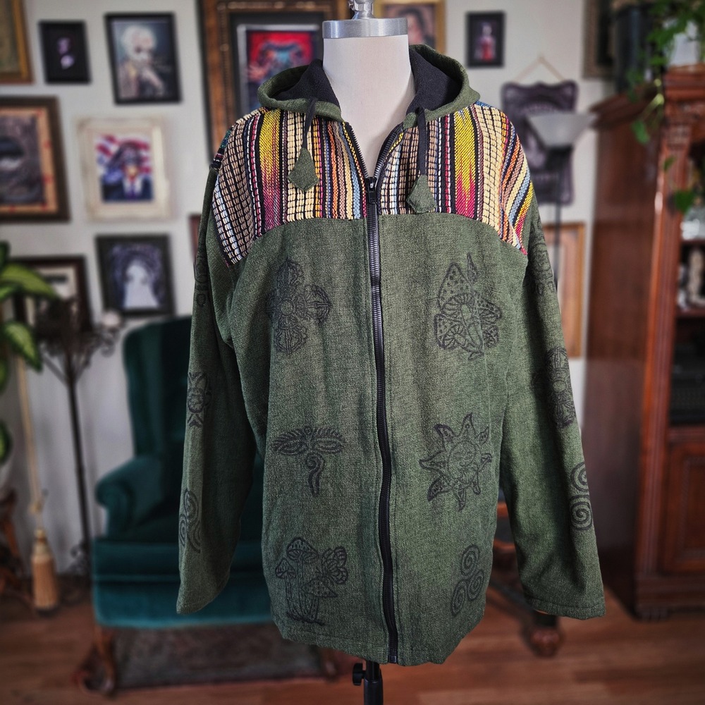 Nepal Boho Jacket Green Mushroom Sun Print Hippie Festival Hoodie Cotton L/XL